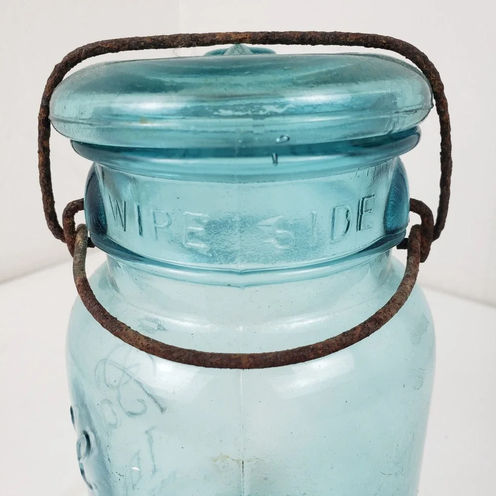 Vintage Ball Ideal Aqua Blue Glass Canning Jar Patent July 14 1908 Wire Bail Lid